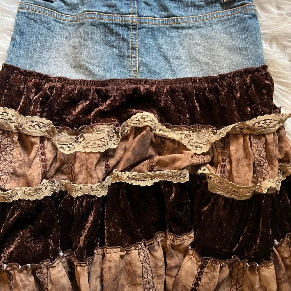 The Childrens Place Stretch‎ Girls Skirt Denim Blue Jean Velvet Lace Boho
